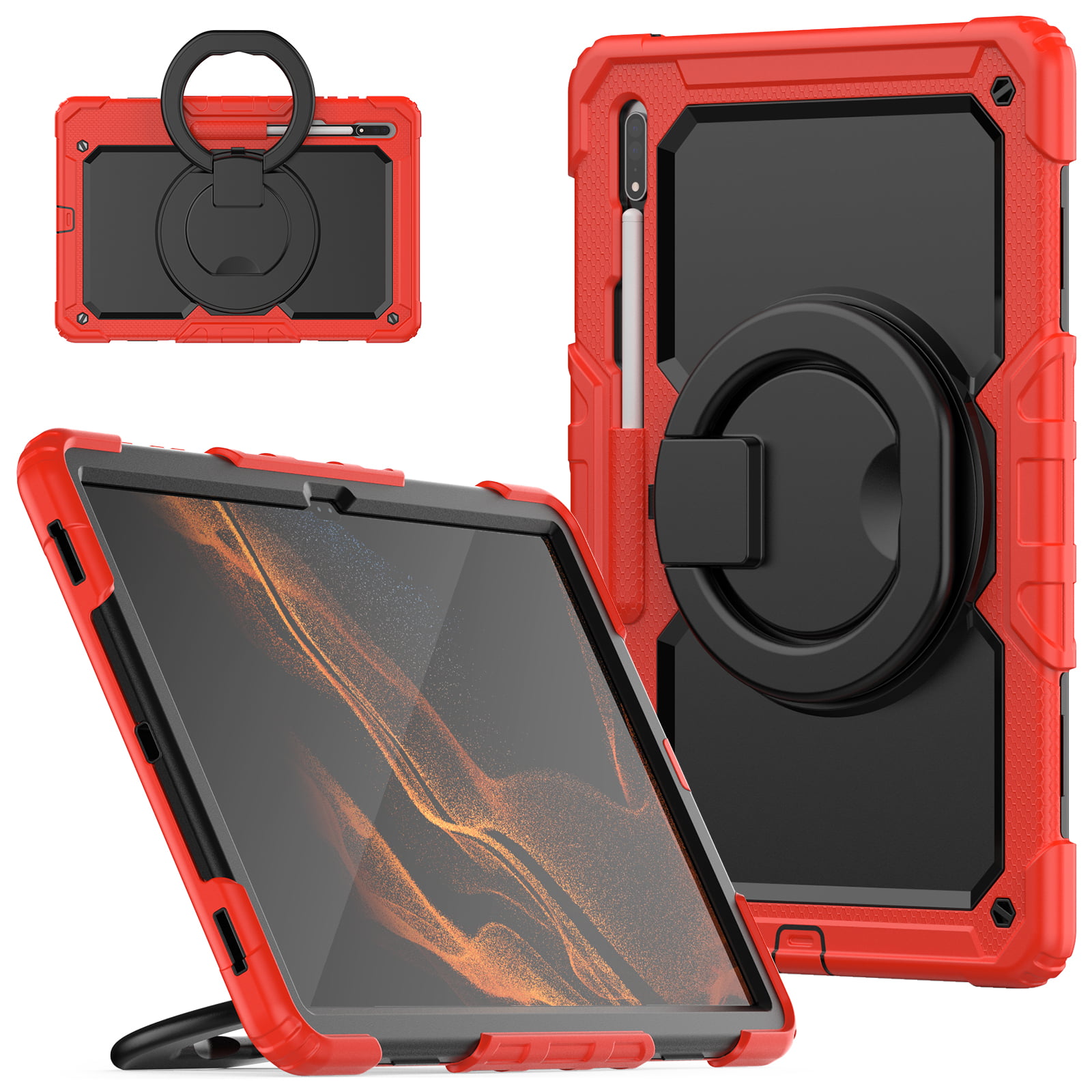 Samsung Tab S8 Ultra 14.6 inch Case with Screen Protector, Dteck 360  Rotating Handle Grip Stand Heavy Duty Rugged Shockproof Case with S Pen  Holder for Samsung Galaxy Tab S8 Ultra, Red+Black -