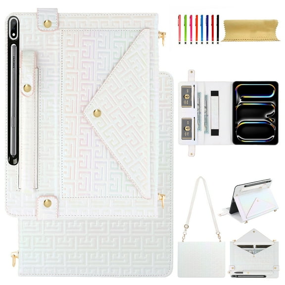 For Samsung Tab S9 FE Plus/S9 Plus/S10 Plus Wallet Case,With Shoulder Strap&Hand Strap With Elastic,[Stylus Slots&Envelope Pocket,Card Slots],Flip Folio Stand PU Leather Shockproof Cover,White
