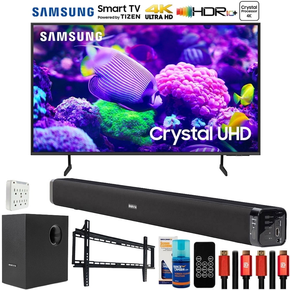 Samsung UN43DU7200FXZA 43 Inch Crystal 4K UHD Smart TV (2024 Model) Bundle with Deco Gear Home Theater Soundbar with Subwoofer, Wall Mount Accessory Kit, 6FT 4K HDMI 2.0 Cables and More