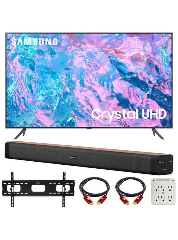 Samsung UN55CU7000 55 inch Crystal UHD 4K Smart TV Bundle with Deco Home 60W 2.0 Channel Soundbar, 37"-100" TV Wall Mount Bracket Bundle and 6-Outlet Surge Adapter (2023 Model)
