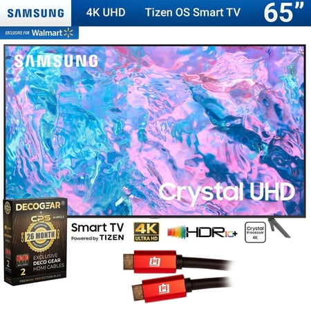 Samsung CU7000 65 Inch Crystal UHD 4K Smart TV (2023) Bundle with Deco Gear 2X 4K HDMI 2.0 Cable w/ Copper Conductors & CPS Exclusive 26 Month Protection Pack