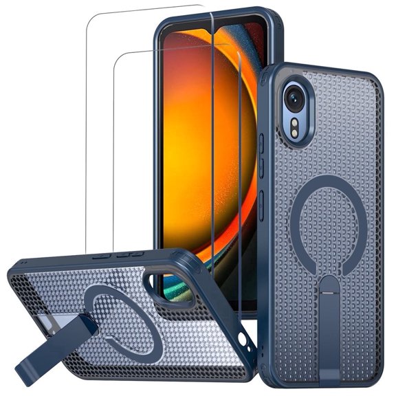 for Samsung Xcover 7 Case,Heat Dissipatio,2X Screen Protector,Magnetic Wireless Charging,Invisible Kickstand,Mesh Ultra-Breathable Hollow Cover for Galaxy Xcover 6.6"(Navy Blue)