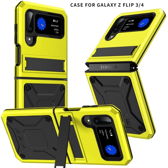 Samsung Z Flip 3 Rugged Full-Body Case, Metal Bumper Built-in Screen Protector&Kickstand,Dustproof Drop-Proof,Full Body Protection Heavy Duty Military Cover For Samsung Galaxy Z Flip 3, Yellow