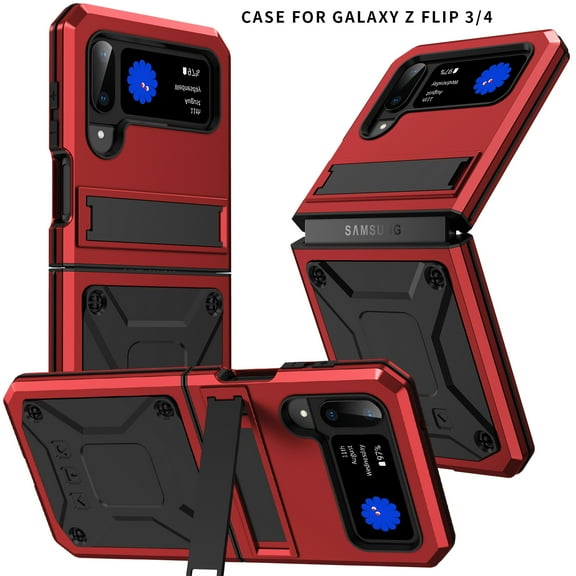 Samsung Z Flip 3 Rugged Full-Body Case, Metal Bumper Built-in Screen Protector&Kickstand,Dustproof Drop-Proof,Full Body Protection Heavy Duty Military Cover For Samsung Galaxy Z Flip 3, Red