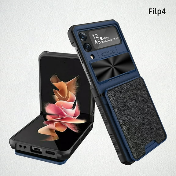 for Samsung Z Flip 4 Case, Flip 4 Case with S Pen Holder & Screen Protector, Wallet Case with Removable Card Holder Camera Cover & Hinge Protection Case for Samsung Galaxy Z Flip 4 5G 2022, Blue