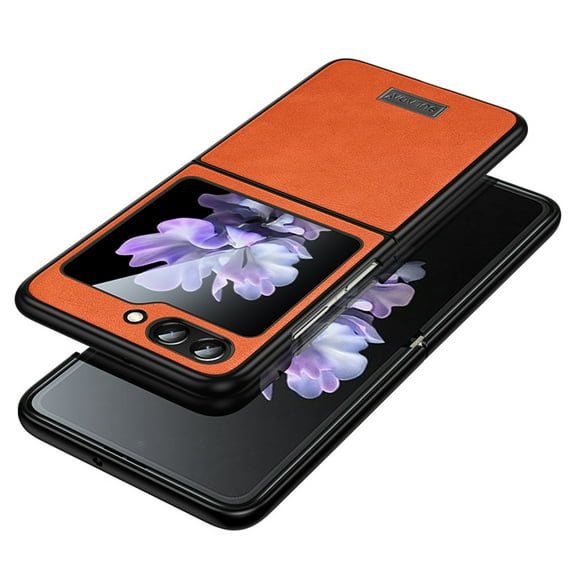 for Samsung Z Flip 5 Case Premium Leather Wireless Charging, Thin Flexible Business PU Non-Slip Grip Rugged Bumper Anti-Scratch Shockproof Elegant Men Women Cases for Samsung Galaxy Z Flip 5,Orange