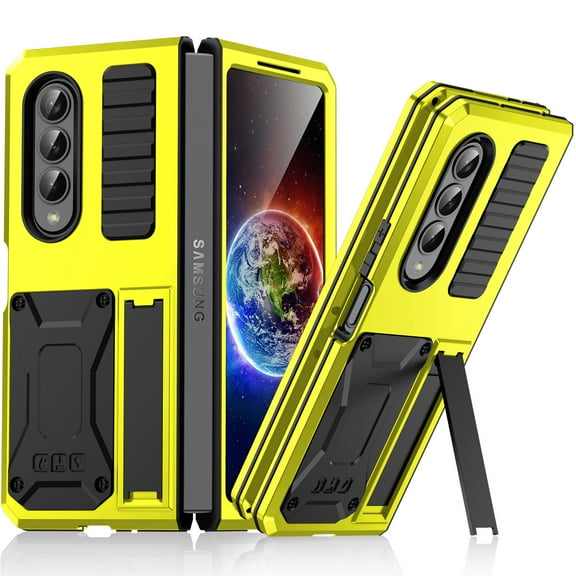 Samsung Z Fold 4 Rugged Full-Body Case, Metal Bumper Built-in Screen Protector&Kickstand,Dustproof Drop-Proof,Full Body Protection Heavy Duty Military Cover For Samsung Galaxy Z Fold 4, Yellow