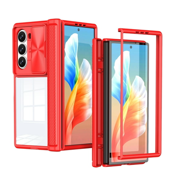 for Samsung Z Fold 6 Case, Shockproof Rugged Samsung Galaxy Z Fold 6 Phone Case, with Sliding Camera Cover, Drop Protection Crystal Clear Back Case Clear for Galaxy Z Fold 6, Red