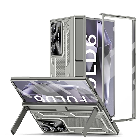 for Samsung Z Fold 6 Rugged Case with Hidden Dual Kickstand, Built-in Screen Protector Hinge Protection Shockproof All-Inclusive Protective Phone Cover for Samsung Galaxy Z Fold 6, Gray