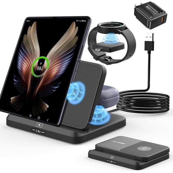 for Samsung Z Fold 6 Wireless Charger Station, 3 in 1 Foldable Fast Charging Stand for Galaxy Z Fold 6/5/4/3, Z Flip 6/5/4/3, S24 Ultra/S23, Travel Galaxy Watch Charger for Ultra 7 6 5 Pro