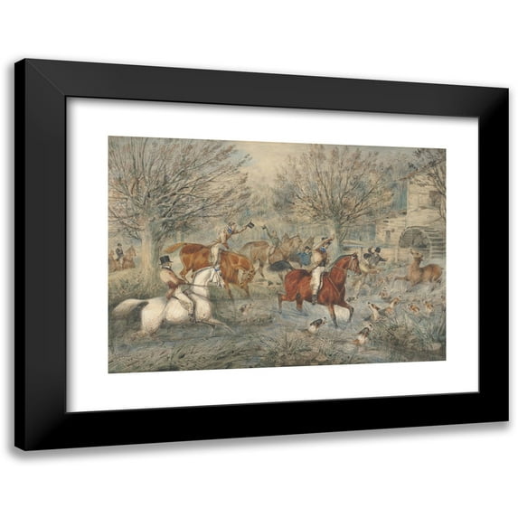 Samuel Alken 24x18 Black Modern Framed Museum Art Print Titled - Stag Hunting: the Hind at Bay; in a Mill-Stream Below a Water-Mill, Right