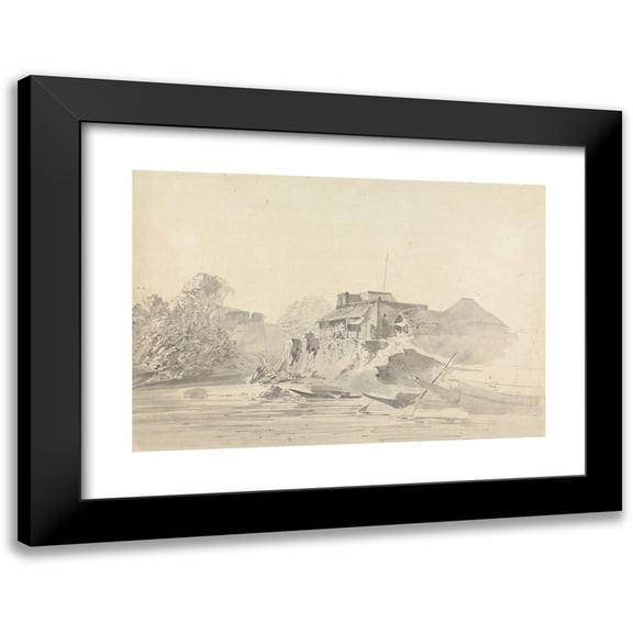 Samuel Davis 14x11 Black Modern Framed Museum Art Print Titled - River Scene with Native Buildings