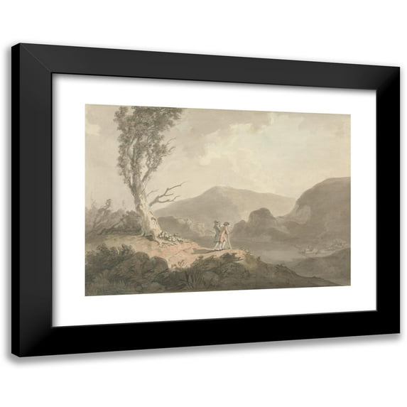 Samuel Davis 14x11 Black Modern Framed Museum Art Print Titled - Two Men with Telescope Looking Across a River (1777)