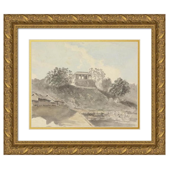 Samuel Davis 18x15 Gold Ornate Wood Frame and Double Matted Museum Art Print Titled - River Scene with Buildings (Between 1777 and 1808)