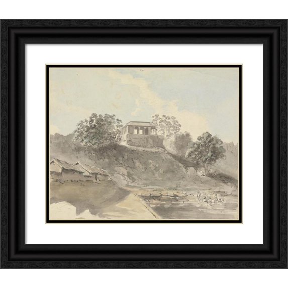 Samuel Davis 24x20 Black Ornate Framed Double Matted Museum Art Print Titled: River Scene with Buildings (Between 1777 and 1808)
