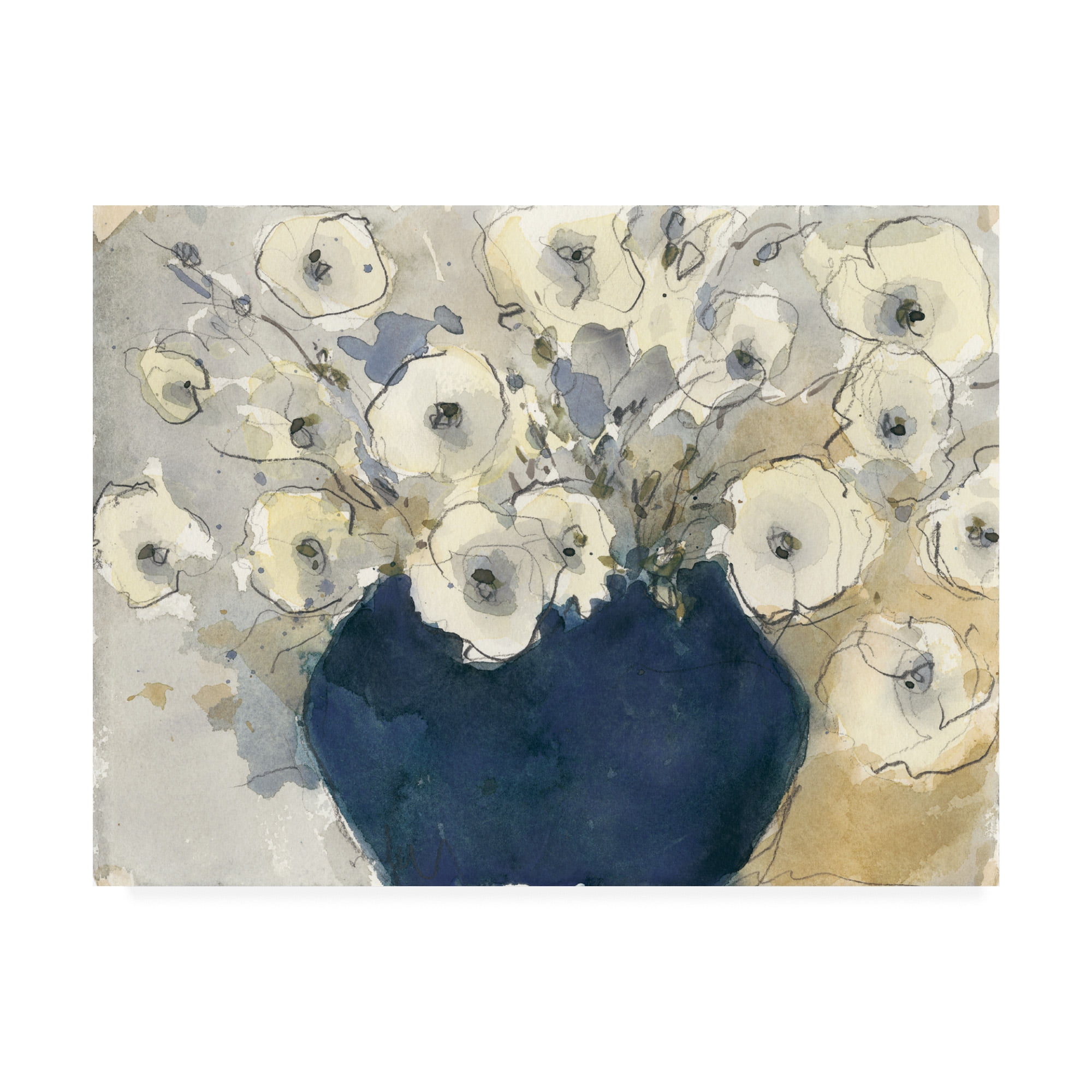 White Blossom Floral Canvas Art in Blue Vase, 35x47