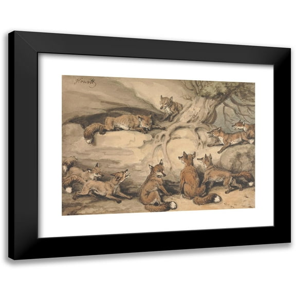 Samuel Howitt 14x11 Black Modern Framed Museum Art Print Titled - Nine Foxes Gathered Around a Tree; an Illustration of Aesop's Fable, ‘The Fox Who Lost His Tail’