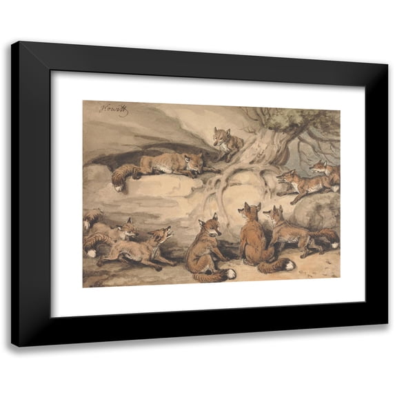 Samuel Howitt 18x14 Black Modern Framed Museum Art Print Titled - Nine Foxes Gathered Around a Tree; an Illustration of Aesop's Fable, ‘The Fox Who Lost His Tail’