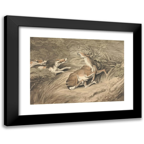 Samuel Howitt 18x14 Black Modern Framed Museum Art Print Titled - Two Hounds Attacking a Stag at Bay
