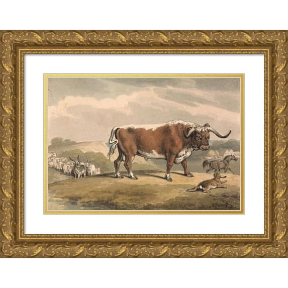 Samuel Howitt 18x14 Gold Ornate Wood Frame and Double Matted Museum Art Print Titled - A Bull and a Rabbit