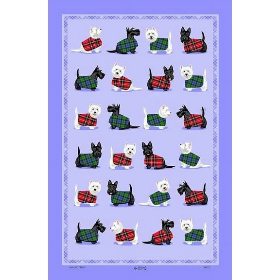 Samuel Lamont Scottie & Westie Cotton Tea Towel Adorable Playful Hand Drawn Westie Illustrations Vibrant Blue Background Scottish Hints Red Green Tartan Check Adorable Kitchenware Accessory