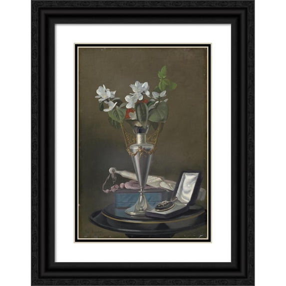 Samuel Marsden Brookes 11x14 Black Ornate Wood Framed Double Matted Museum Art Print Titled: Still Life with Fan and Pendant (C. 1865-1875)