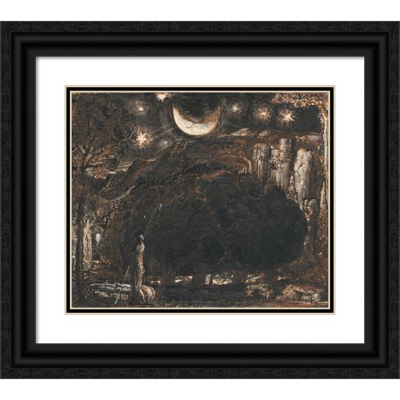Samuel Palmer 23x20 Black Ornate Framed Double Matted Museum Art Print Titled: A Shepherd and His Flock Under the Moon and Stars (ca. 1827)