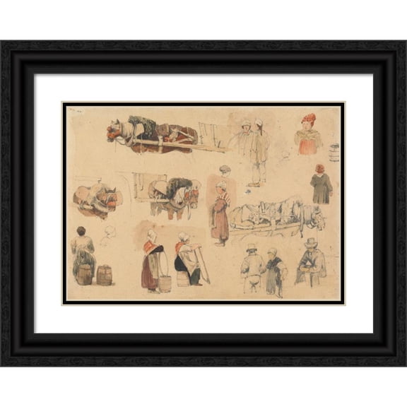 Samuel Prout 24x18 Black Ornate Framed Double Matted Museum Art Print Titled: Sketches of Peasants and Work-Horses