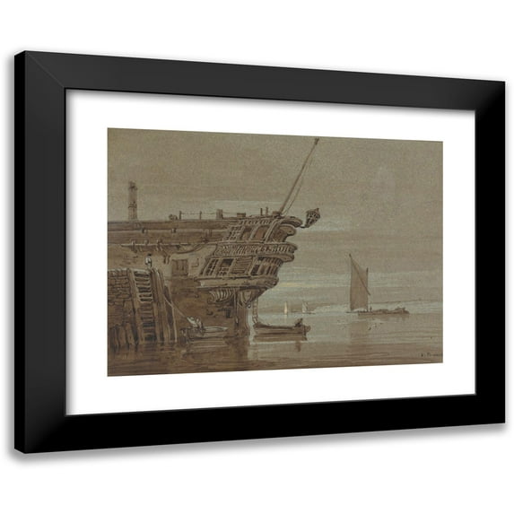 Samuel Prout 24x19 Black Modern Framed Museum Art Print Titled - An East Indiaman Moored, Small Boats Alongside, Other Boats Further Off