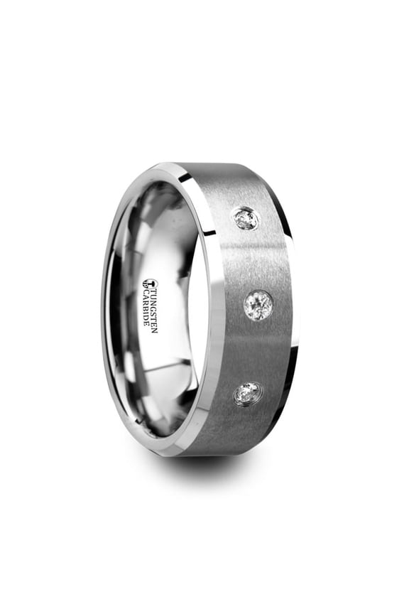 Samuel Satin Finish Tungsten Carbide Wedding Ring With 3 White Diamond Setting And Beveled Edges