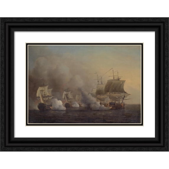 Samuel Scott 14x11 Black Ornate Wood Framed Double Matted Museum Art Print Titled: Action off the Cape of Good Hope (ca. 1757)