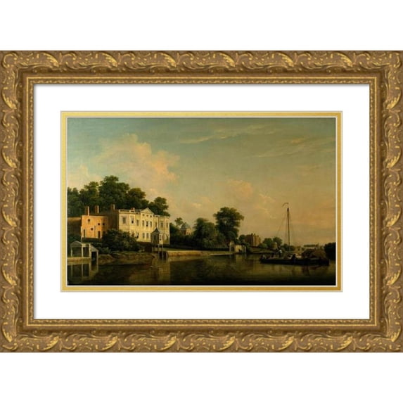 Samuel Scott 18x13 Gold Ornate Wood Frame and Double Matted Museum Art Print Titled - A View of Alexander Pope's Villa, Twickenham, on the Banks of the Thames (circa 1759)