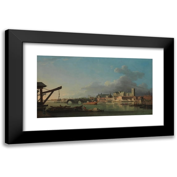 Samuel Scott 24x15 Black Modern Framed Museum Art Print Titled - The Building of Westminster Bridge (ca. 1742)