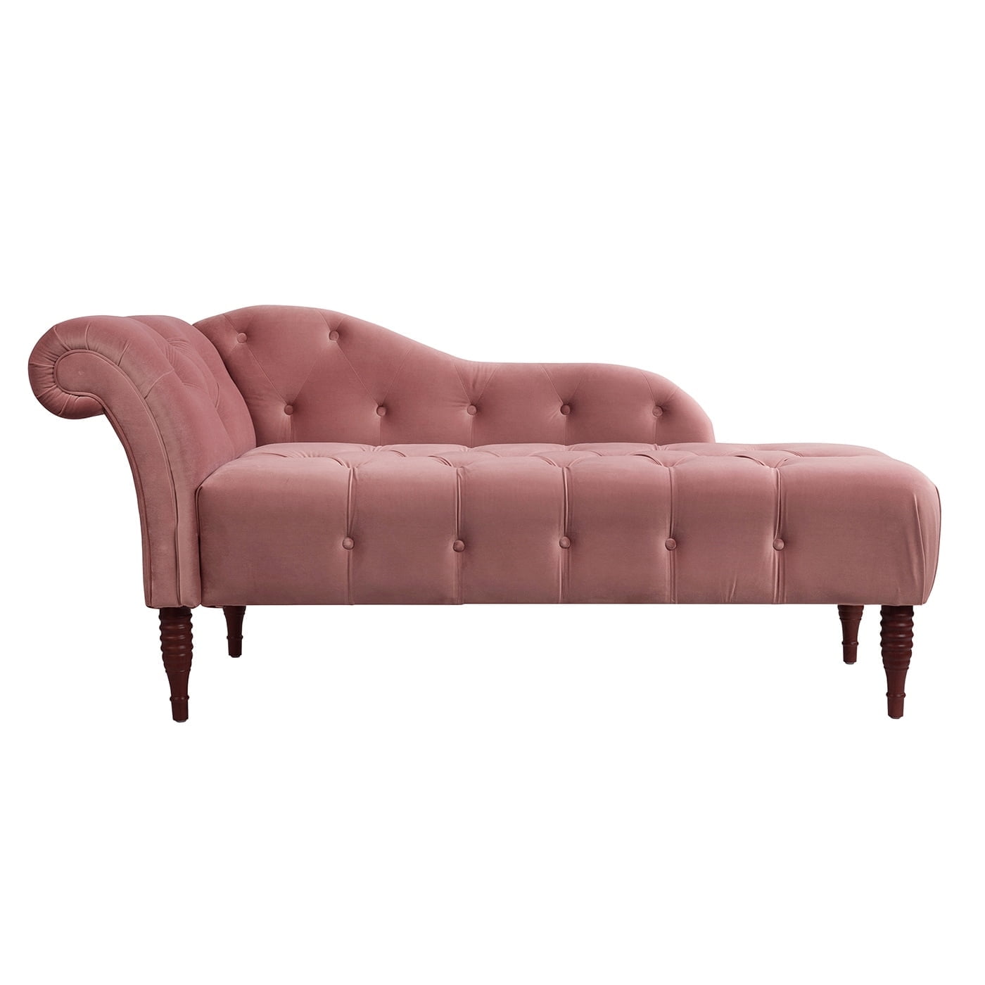 Ash Rose Velvet Handcrafted Chaise Lounge with Tufted Roll Arm