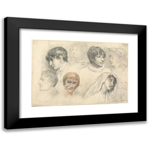 Samuel de Wilde 18x14 Black Modern Framed Museum Art Print Titled - Portrait Studies of Mary Wills in Cowsslip, John Kemble, Edmund Kean and Mrs. Siddons (1802)