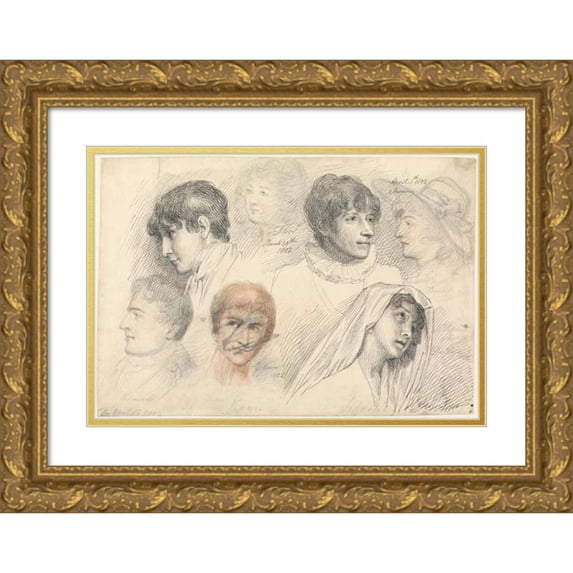 Samuel de Wilde 18x14 Gold Ornate Wood Frame and Double Matted Museum Art Print Titled - Portrait Studies of Mary Wills in Cowsslip, John Kemble, Edmund Kean and Mrs. Siddons (1802)
