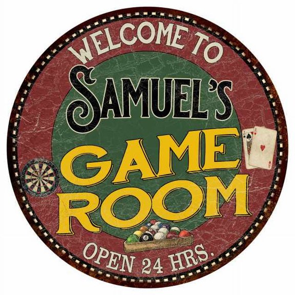 Samuel's Game Room 14" Round Metal Sign Bar Kitchen Red Wall Decor 100140032346