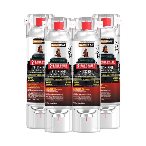 Samurai 2-Part Bed Liner Spray White, 11.3 Ounce - 2-Part Polyurethane Spray Paint - UV & Rust Resistant Bedliner Spray Can - 4 Packs