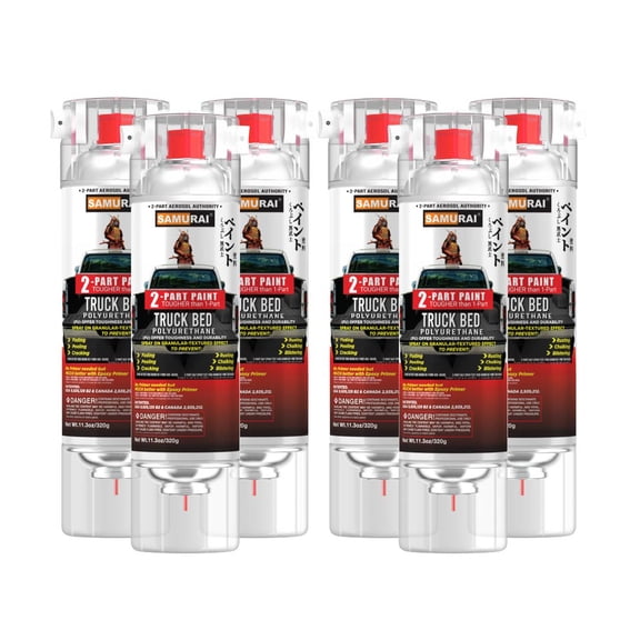 Samurai 2-Part Bed Liner Spray White, 11.3 Ounce - 2-Part Polyurethane Spray Paint - UV & Rust Resistant Bedliner Spray Can - 6 Packs