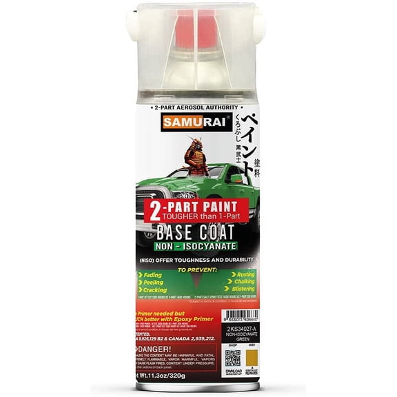 Samurai 2-Part Non-Isocyanate (NISO) Spray Paint Base Coat for Car - 11.3 Ounce UV Resistant and Rust Resistant NISO (Non-Isocyanate) Spray (FLAT YELLOW, Pack of 1 Can)