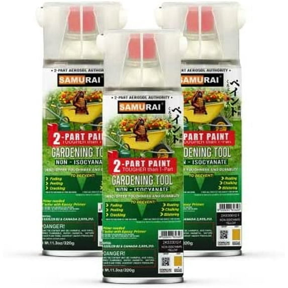 Samurai 2-Part Non-Isocyanate (NISO) Spray Paint for Gardening Tool - 11.3 Ounce UV Resistant and Rust Resistant NISO (Non-Isocyanate) Spray (LIGHT SCARLET, Pack of 3 Cans)
