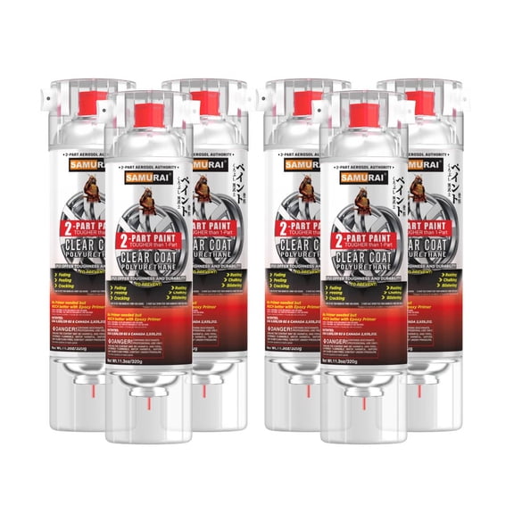Samurai 2-Part Polyurethane Spray Paint Clear Coat for High Performance Wheel - 11.3 Ounce UV Resistant and Rust Resistant Polyurethane Spray (FLAT CLEAR, Pack of 6 Cans)