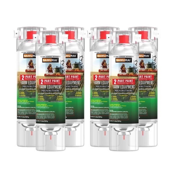 Samurai 2-Part Polyurethane Spray Paint for Farm Equipment - 11.3 Ounce UV Resistant and Rust Resistant Polyurethane Spray (FLAT YELLOW, Pack of 6 Cans)