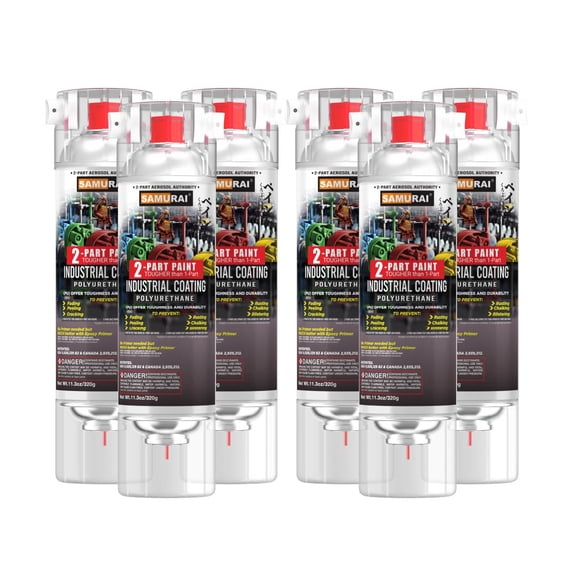 Samurai 2-Part Polyurethane Spray Paint for Industrial - 11.3 Ounce UV Resistant and Rust Resistant Polyurethane Spray Paint (FLAT CLEAR, Pack of 6 Cans)