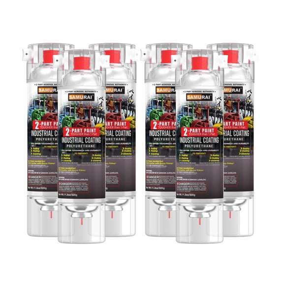 Samurai 2-Part Polyurethane Spray Paint for Industrial - 11.3 Ounce UV Resistant and Rust Resistant Polyurethane Spray Paint (SILVER, Pack of 6 Cans)
