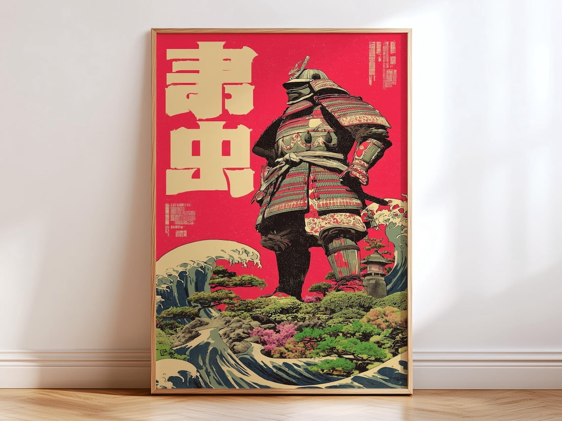 Samurai Armor Riso Japanese Warrior Vintage Ukiyoe Garden Indigo Bonsai ...