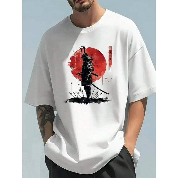 Samurai Art Tee: Watercolor - Like Warrior & Red Sun Design on White Traditional Warrior & Red Sun Ink - Style Graphic Cool Samurai Graphic Tee: Red Sun & Warrior Silhouette on White Shirt Pure cotton