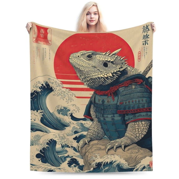Samurai Bearded Dragon Blanket – Japanese Wave Tattoo Art Fleece Throw, Soft Flannel, Cool Men’s Decor Gift 50x40