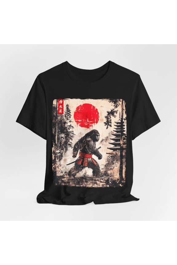 Samurai Bigfoot Graphic Shirt with Japanese Ukiyo-e Style Artwork, Retro Cultural Illustration Design Unisex Cotton T-Shirt, Size S-5XL