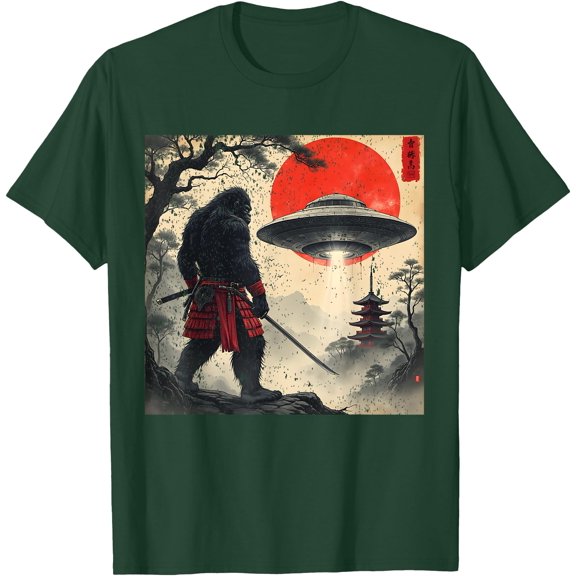 Samurai Bigfoot Japanese UFO Vintage Graphic Ukiyo-e Art Unisex T-Shirt for Men Women Kids,Forest Green Color,Size YXS